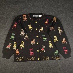 Christine Foley Women's Black Cardigan Sweater Cafe Chair Novelty AOP Size L